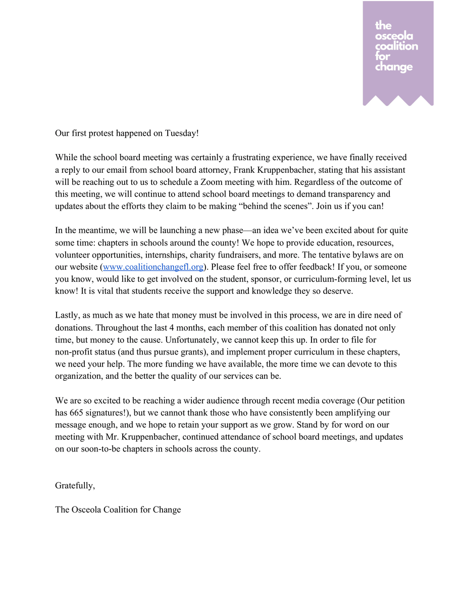 osceolachange's tweet photo. THANK YOU to everyone who protested alongside us, spoke at the meeting, signed our petition, and donated to the cause! Read below for a big announcement. #aroundocsa #changeosceola #sdocgoodtogreat #sdocstartsmart https://t.co/DQ4fKYZrhp
