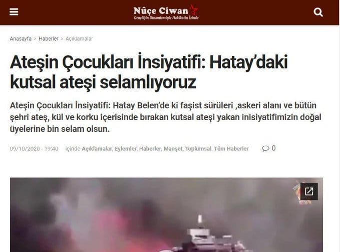 PKK yangın çıkarıp bunu kutsuyor, normalde çevreciyim diye ortaya dökülen solculardan, liberallerden ses yok. Bu ülkede terörün nasıl normalleştirildiğine bir örnek...