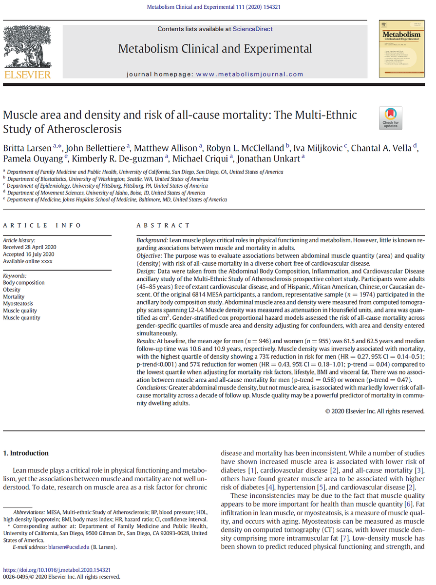 Muscle size might not be as important as muscle quality (measured by CT scan as muscle density). 

Associations of muscle quality with mortality risk were stronger for men, but the same patterns were present for men and women.  

<a href="/UnkartMD/">Jonathan Unkart, MD, MPH</a> @BrittaLarsen

doi.org/10.1016/j.meta…