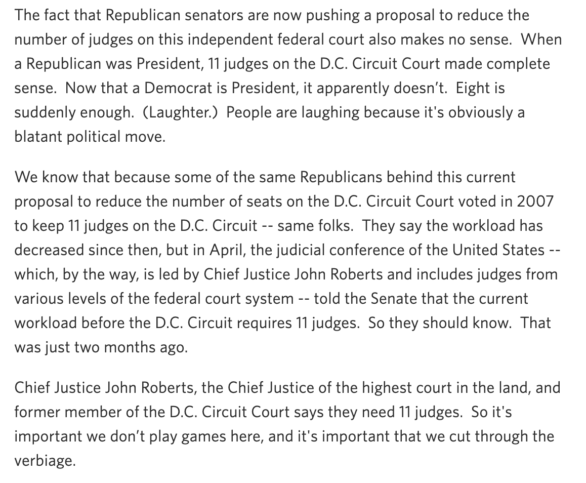 Contra Grassley's statement, the Judicial Conference of the US said at the time that the court's workload required 11 judges. "People are laughing because it's obviously a blatant political move," President Obama said.  https://obamawhitehouse.archives.gov/the-press-office/2013/06/04/remarks-president-nominations-us-court-appeals-district-columbia-circuit