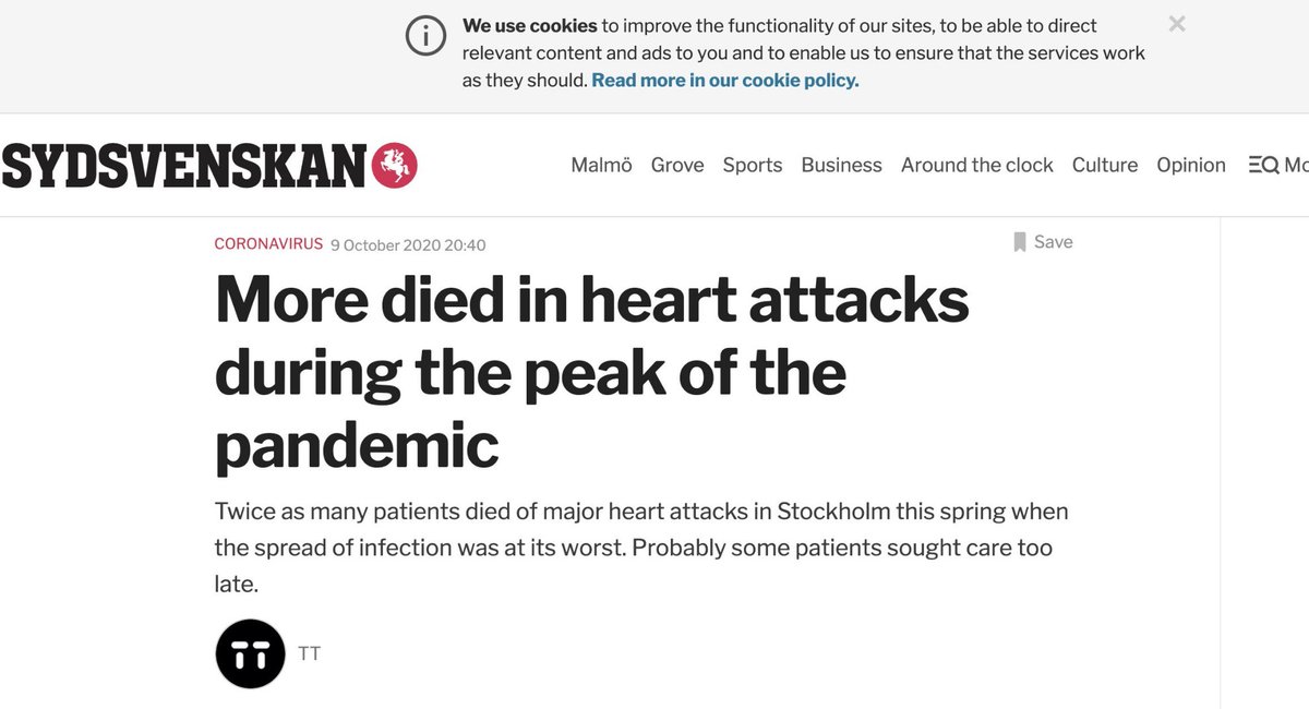 And for those blaming increased heart attacks on government lockdowns from those who didn't seek care, that occurred in Sweden also.  https://www.sydsvenskan.se/2020-10-09/fler-dog-i-infarkt-under-pandemins-topp