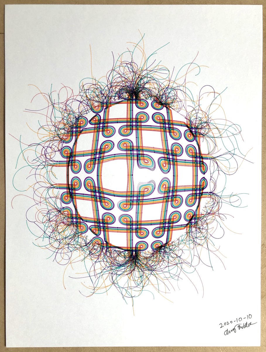 Day 10 of  #inkotober on the plotter!Knot pattern with distortion and frayed edges.All gcode and c++ source code available here:  https://github.com/andymasteroffish/inktober_2020 #inktober2020 #inktober2020day10 #plottertwitter