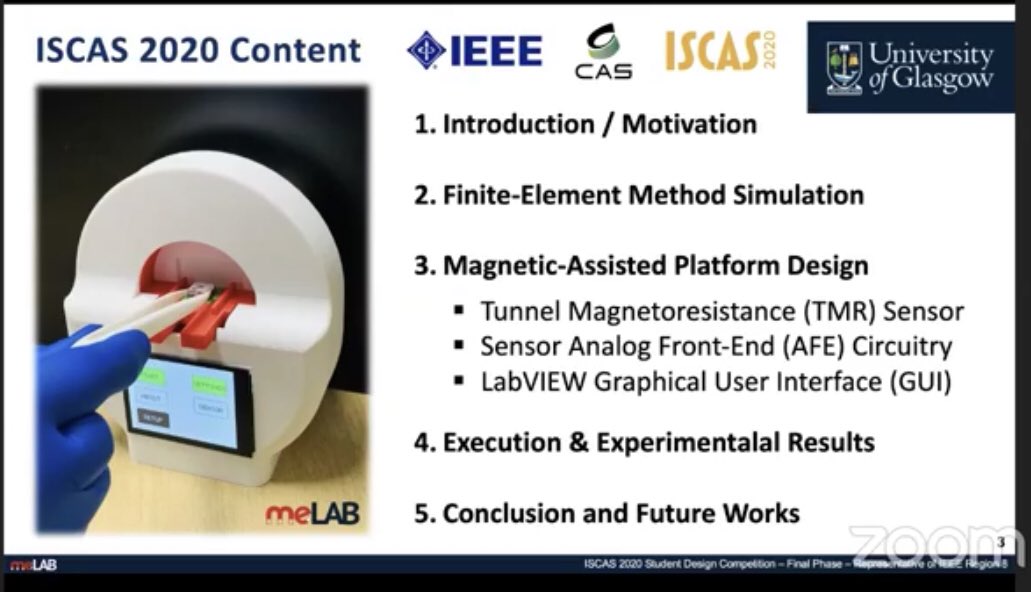 melabg's tweet photo. Today our undergraduate students presented our demo on magnetic 🧲 biosensors for #malaria 🦟 hemozoin detection as representative of the @ieeecassociety Region 8 in the @IEEEISCAS 2020.
Thanks @siming_zuo & @VNabaei for fantastic mentoring!
#ISCAS2020
#VivaISCAS https://t.co/togPEHeUe0