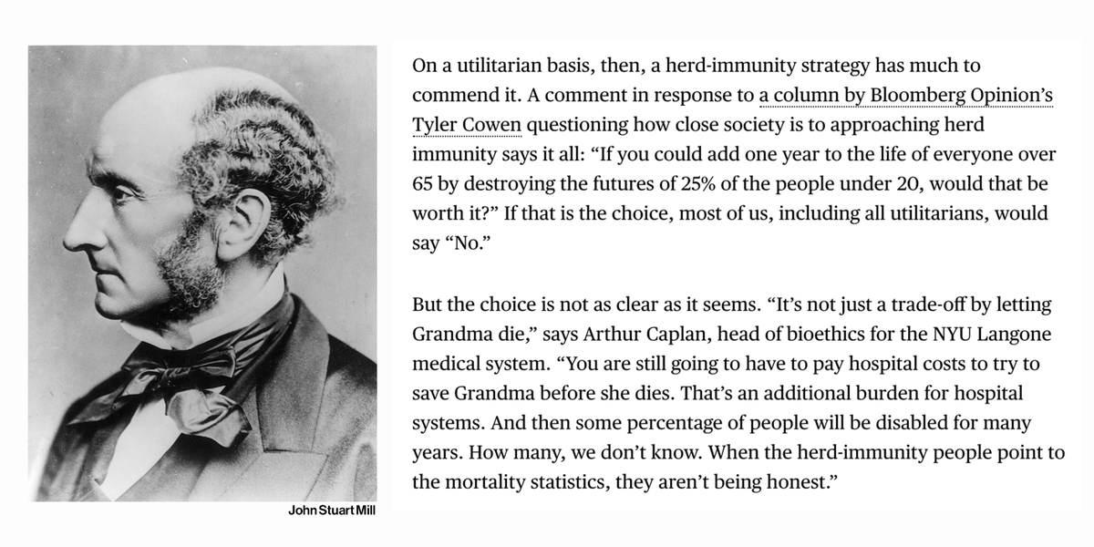 Utilitarianism: the greatest good of the greatest number.With this philosophy, sacrificing a few can be justified, providing this clearly benefits the many  https://trib.al/ZsUBlJc 