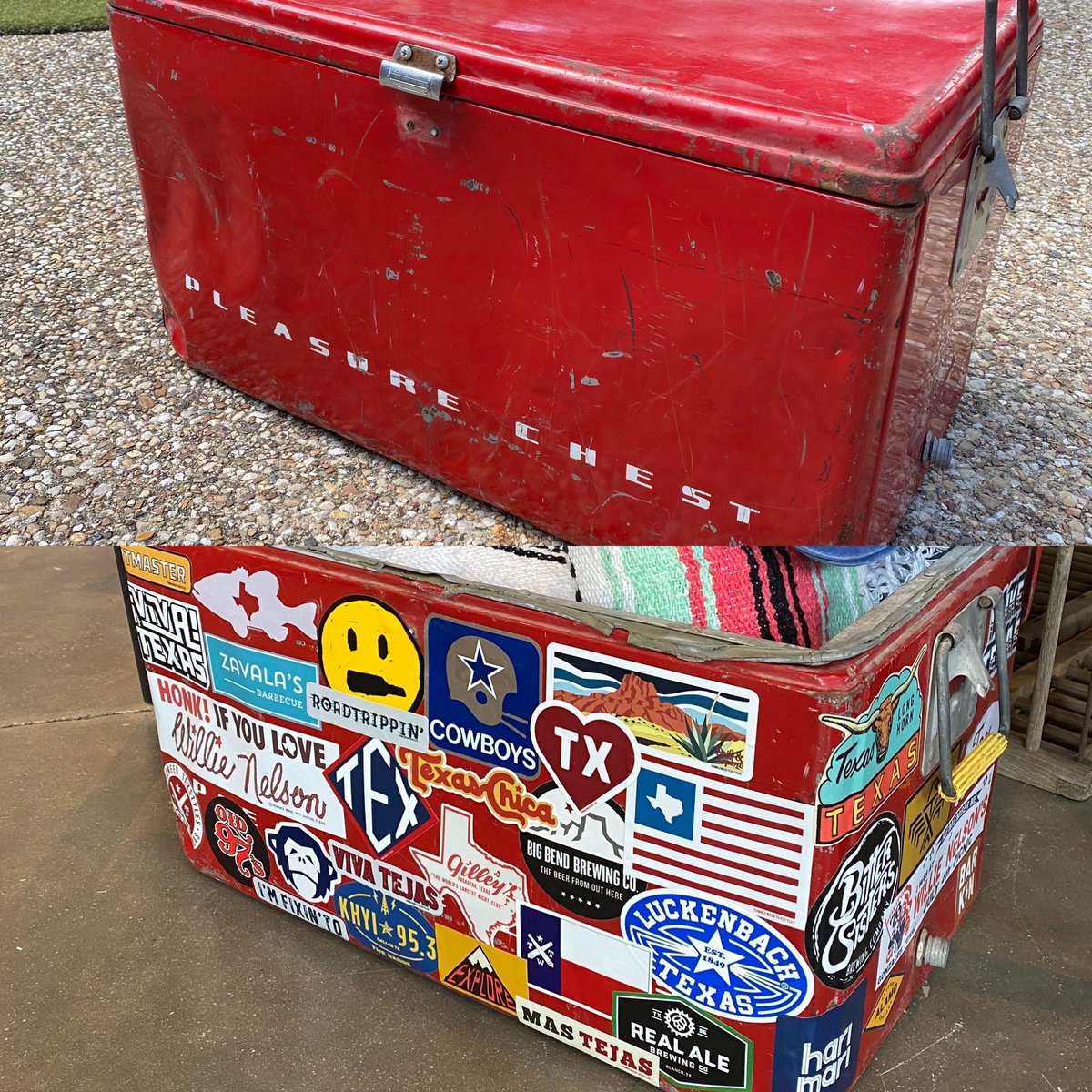 junkytrinket's tweet photo. One of my jobs this morning at the store was to transform the rustic cooler into a piece of art. #stickergamestrong https://t.co/PRioVLhi9X