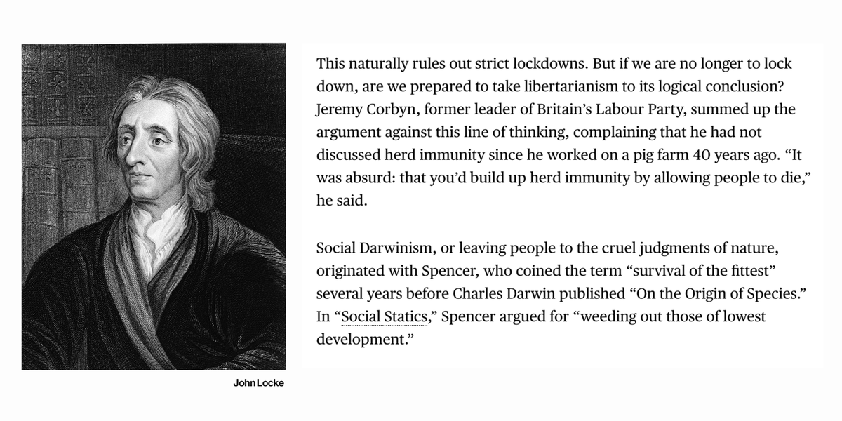 Libertarianism: liberty and survival of the fittest.Opposition to lockdowns has been led by libertarians, who give priority to the right to self-determination. Its history goes back to British philosopher John Locke and the Founding Fathers of the U.S.  https://trib.al/ZsUBlJc 