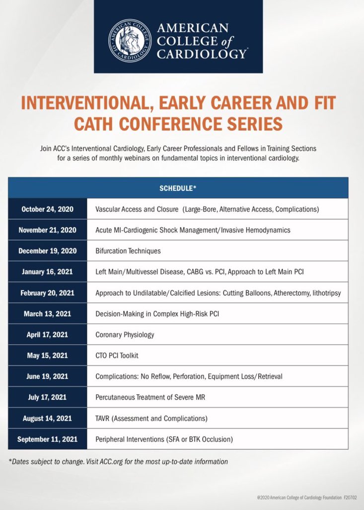 Exciting new educational collab from @ACCinTouch #ACCIC + #ACCEarlyCareer + #ACCFIT Monthly webinars on fundamental topics in interventional cardiology Registration info/links coming soon! @OchsnerCVFellow @wustlcardfellow @BIDMCVFellows @SinaiCards @uclaCVfellows @Yalecards