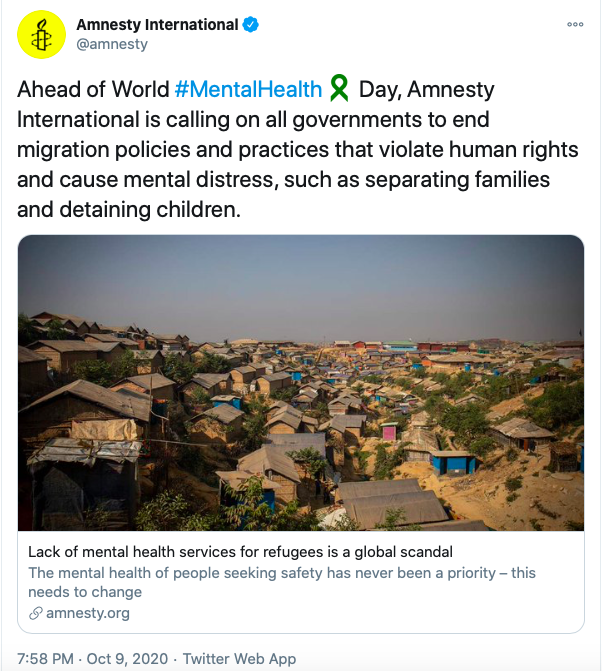 ICVA_Displaced's tweet photo. Ahead of #MentalHealthDay, #UNHCR's #ExCom71 yesterday took the timely decision to include an #ExCom Conclusion on Mental Health & Psychosocial Support in its work program. #NGOs such as @MSF & @amnesty have alerted on the effects of #COVID-19 on #refugees mental health. #MHPSS https://t.co/ZCogtzqFFA