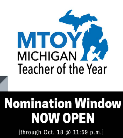 Nominate next Michigan Teacher of the Year! bit.ly/2Fj1pR5 <a href="/mieducation/">Michigan Dept of Ed</a> <a href="/lrmontigny/">Lupe Ramos-Montigny</a> @pamlpugh <a href="/casandraulbrich/">Casandra Ulbrich, PhD</a> <a href="/MISexEd/">Laurie Bechhofer</a> <a href="/jlteisan/">Dr. June Teisan</a> <a href="/matinga/">matinga</a> <a href="/nancyflanagan/">Nancy Flanagan</a> <a href="/MR_ABUD/">Gary G. Abud, Jr.</a> <a href="/MelodyArabo/">Melody Arabo</a> @WonderTeach <a href="/2019MTOY/">Laura Chang, PhD</a> <a href="/wilcoxl22/">Luke Wilcox</a> <a href="/TracyHorodyski/">Tracy Horodyski</a> <a href="/blocht574/">Todd Bloch</a> <a href="/MINBCTNetwork/">MI NBCT Network</a> @owenmakesstuff