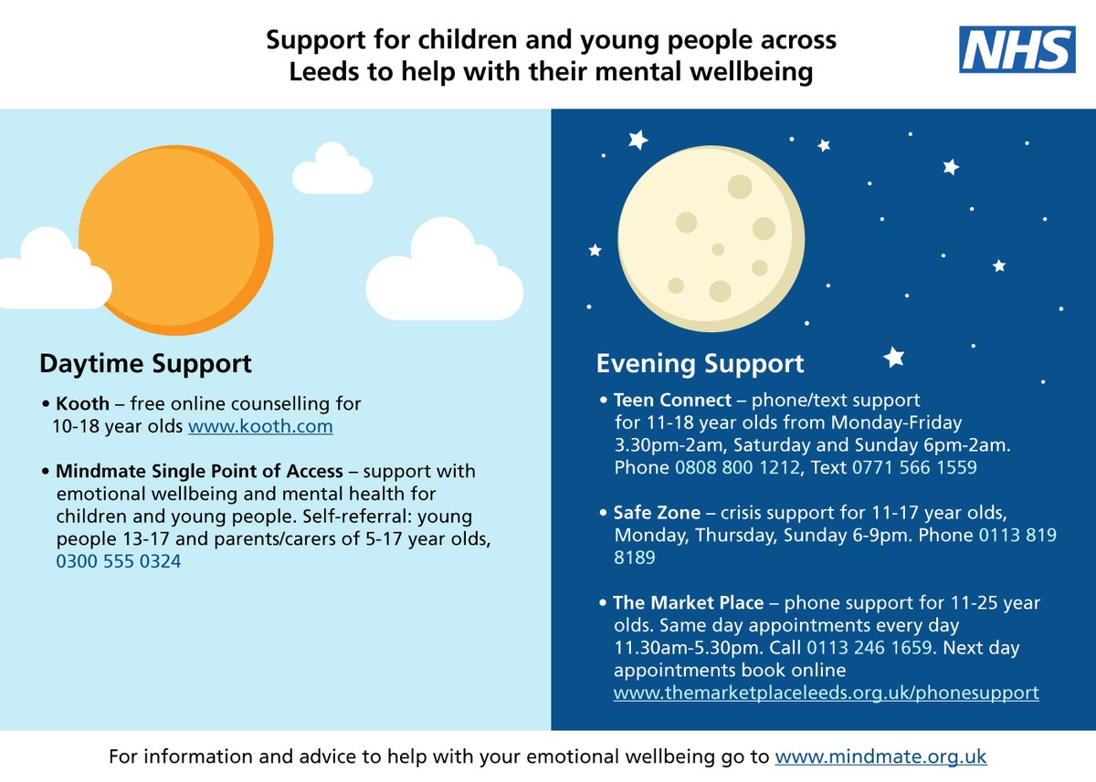 As #WMHD2020 comes to a close, we want to remind you of the support services available for young people in Leeds - take a look below or visit MindMate: mindmate.org.uk

Let's continue to talk about mental health, not just today, but all year round 💬 #LetsTalkLeeds