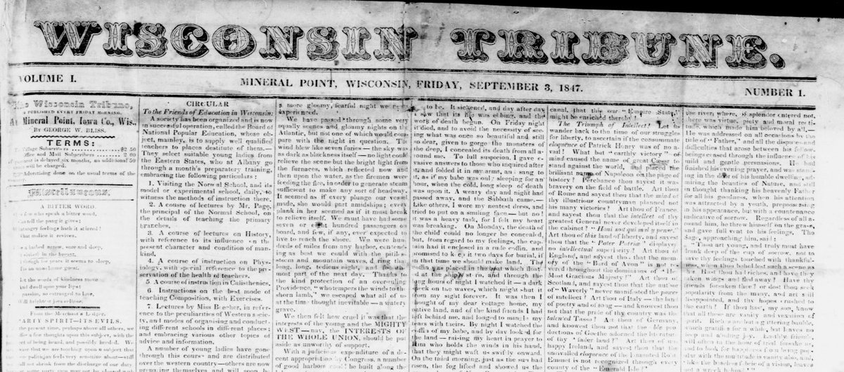 On September 3, 1847, just months before the territory gained statehood, Editor George Bliss launched the first issue of the Wisconsin Tribune. #ChronAm https://t.co/S3LaZWULOR @NEH_PresAccess #NationalNewspaperWeek #WisconsinHistory https://t.co/DuDqMWiePF