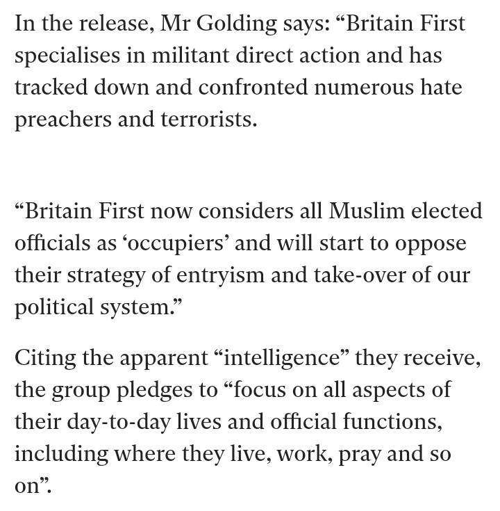I personally find it a little surprising that Paul Golding was not deemed to have crossed that line when he issued this threat by media press release to all elected Muslim office holders after the Mayoral election of 2016 saw Sadiq Khan elected in London https://www.google.com/amp/s/www.independent.co.uk/news/people/sadiq-khan-britain-first-london-mayor-threaten-direct-action-a7047991.html%3famp
