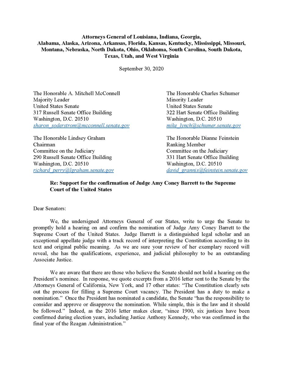 Attorneys General throughout nation: “[Judge Barrett] has the qualifications, experience, and judicial philosophy to be an outstanding Associate Justice.”