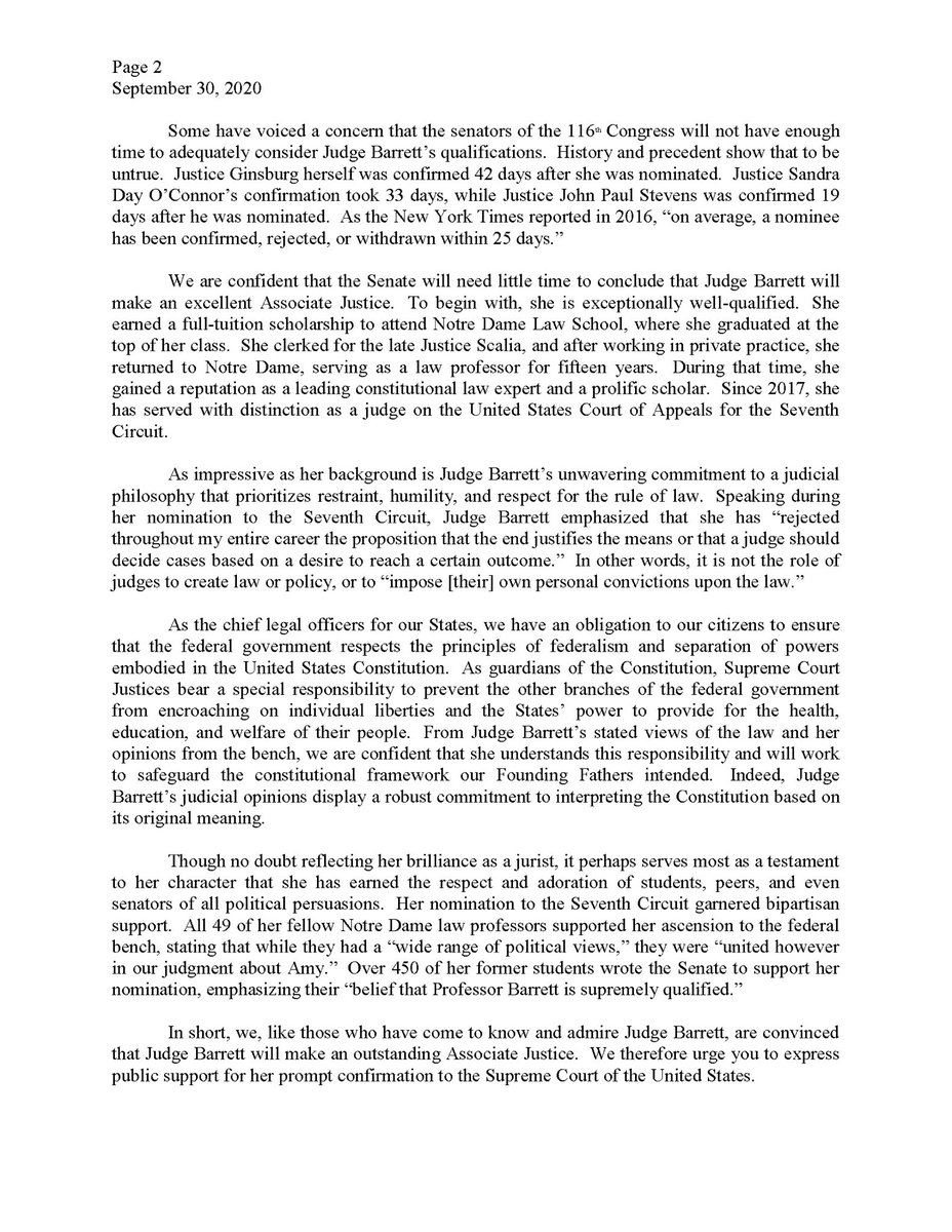 Attorneys General throughout nation: “[Judge Barrett] has the qualifications, experience, and judicial philosophy to be an outstanding Associate Justice.”