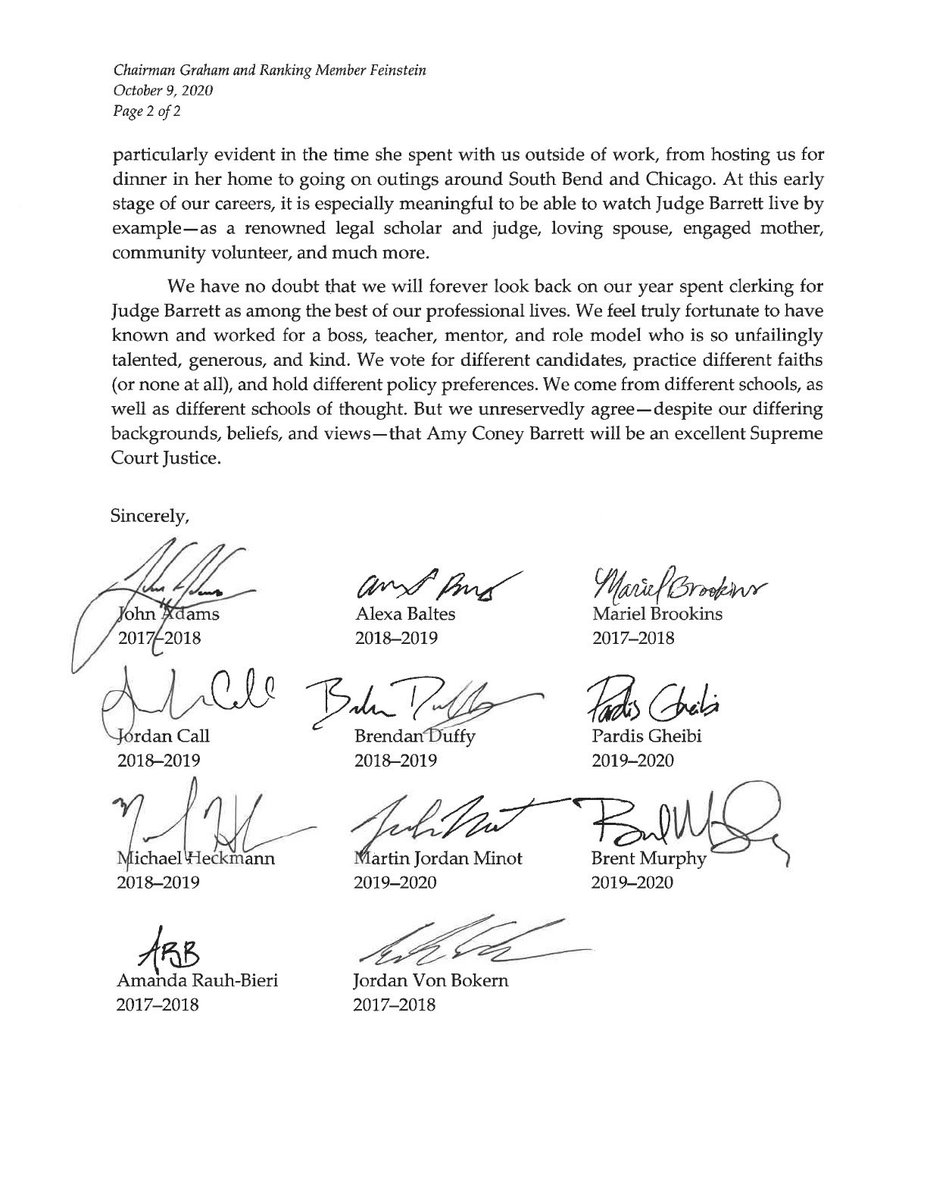 Judge Barrett’s former clerks:“We have witnessed firsthand Judge Barrett’s dedication to the law as a principled, independent judge.”