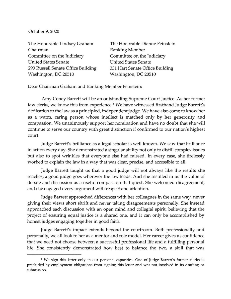 Judge Barrett’s former clerks:“We have witnessed firsthand Judge Barrett’s dedication to the law as a principled, independent judge.”