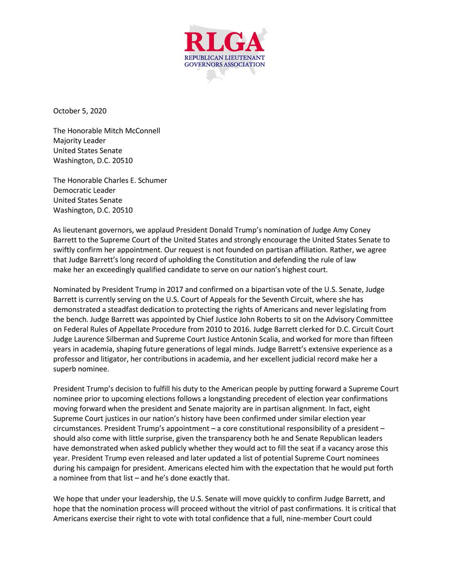 Lt. Governors across the country:“Judge Barrett’s long record of upholding the Constitution and defending the rule of law make her an exceedingly qualified candidate to serve on our nation’s highest court.”