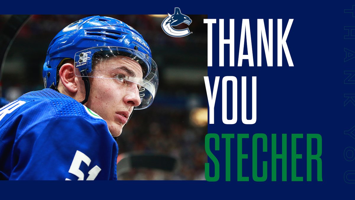 Canucks's tweet photo. “We would like to thank Troy for all of his contributions to our team and community. Stech brought an intensity and high compete level to every shift. He was an incredible ambassador for our team and we wish him and his family all the best.” - #Canucks GM Jim Benning https://t.co/YJHp0ufhwz