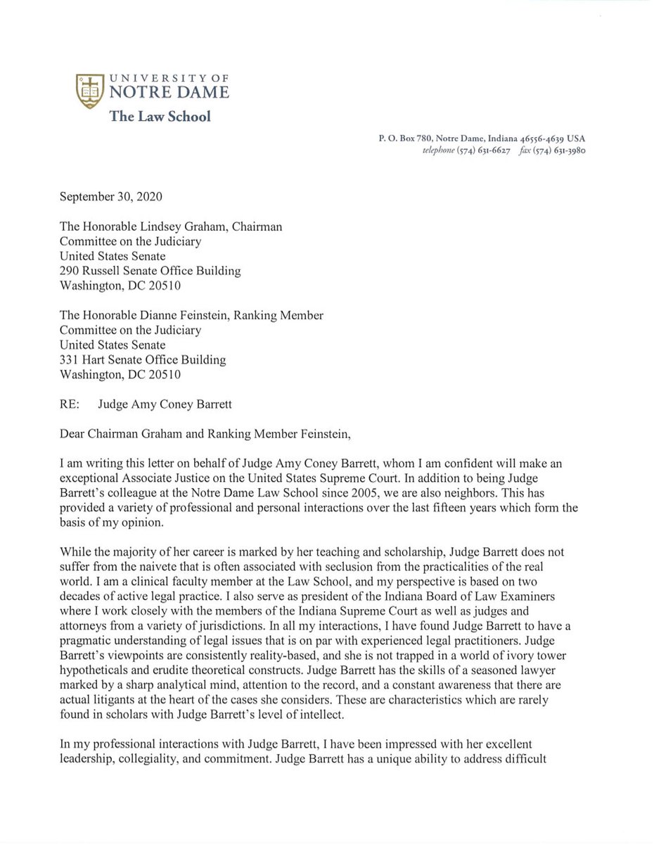 Notre Dame Clinical Professor of Law Michael Jenuwine:“I can think of no better person to serve as an Associate Justice on the Supreme Court and am certain that you will not find any who are more compassionate, dedicated or who have greater potential than Amy Coney Barrett.”