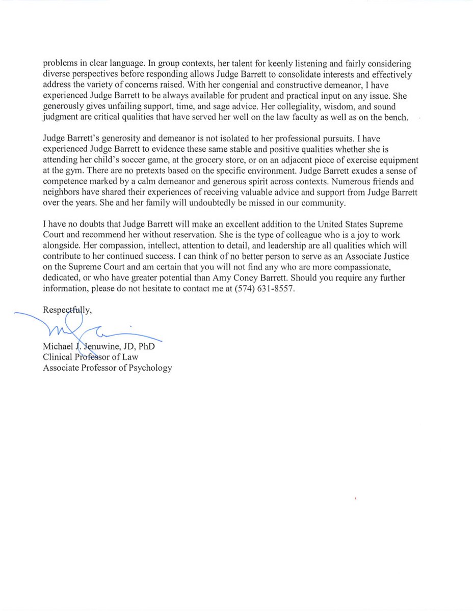 Notre Dame Clinical Professor of Law Michael Jenuwine:“I can think of no better person to serve as an Associate Justice on the Supreme Court and am certain that you will not find any who are more compassionate, dedicated or who have greater potential than Amy Coney Barrett.”