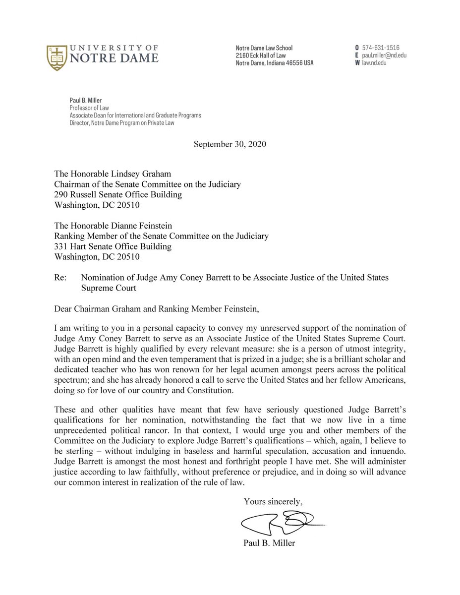 ND Law Prof Paul Miller:“[She’s] highly qualified by every relevant measure: she is a person of utmost integrity, w/ an open mind & even temperament that is prized in a judge…[she] has won renown for her legal acumen amongst peers across the political spectrum.”