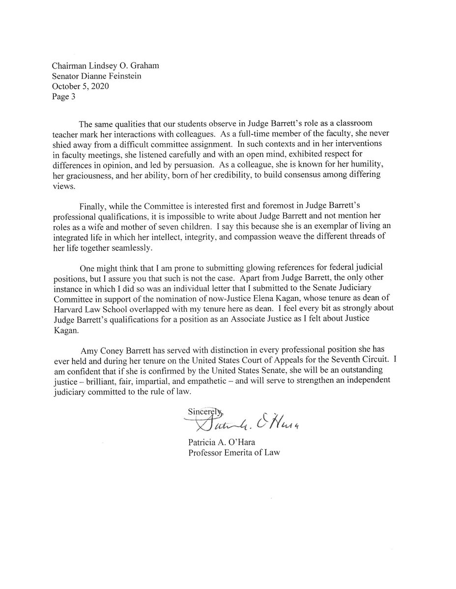 Fmr. NDLS Dean O’Hara:“Her brilliance, coupled w/ humility, her fairness & objectivity, coupled w/ compassion, the respect w/ which she treats everyone whom she encounters, her inclusivity, open-mindedness, & ability to build consensus will make her an outstanding justice.”