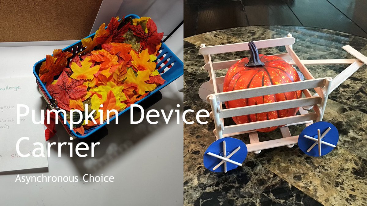 oce_stem's tweet photo. Amazing creations from the asynchronous choice of "The pumpkin is too heavy to bring in from the pumpkin patch! Imagine some ways to solve this problem. Make a plan for a device or vehicle that will help to take the pumpkin home!" https://t.co/cCsQO0cPZP