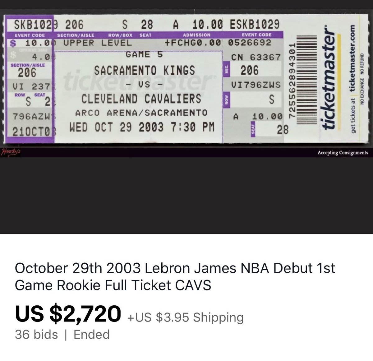 darrenrovell's tweet photo. Tickets as collectibles are sleeping giants. In the last week, LeBron’s debut — on generic Ticketmaster ticket — has started to get some real traction. Still peanuts compared to less scarce cards. Doubt there’s 200 of these. https://t.co/0C0UQJC4BF