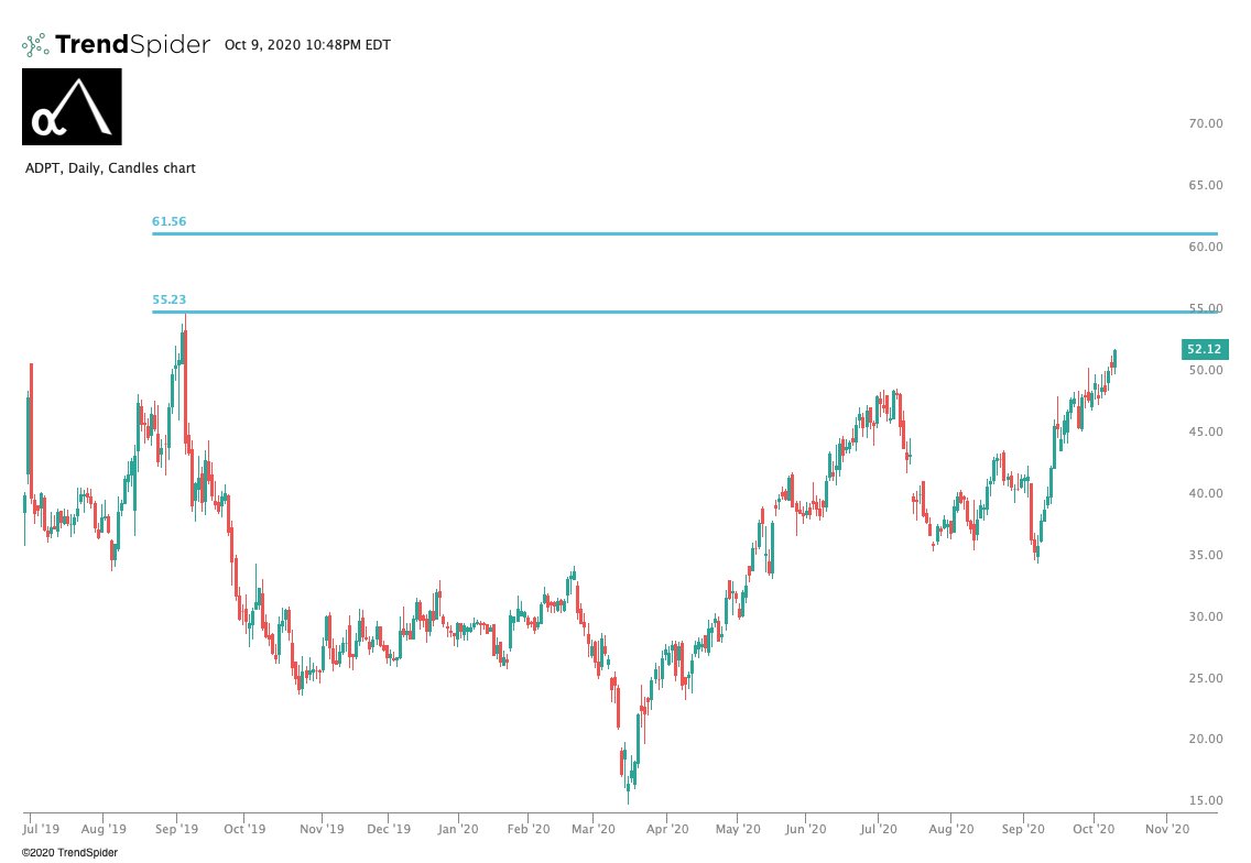  $ADPT. Grinding up nicely. Broke through initial resistance near $48, now on its way to test $55.23 level. Remember, med tech is very strong even in market corrections!