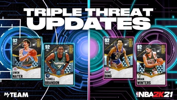 2KCommandments's tweet image. 🚨 #TripleThreat Updates with previous 💎 Reward cards are LIVE. 

Run with: 

Triple Threat Offline Vault
💎  Brian Winters
💎 Dave Bing

Triple Threat Online Tier 3
💎  Terrell Brandon
💎  Swen Nater

#LawsOf2K #2KCommandments #2K21News #2KCommunity #MyTEAM #MyTEAMNews
