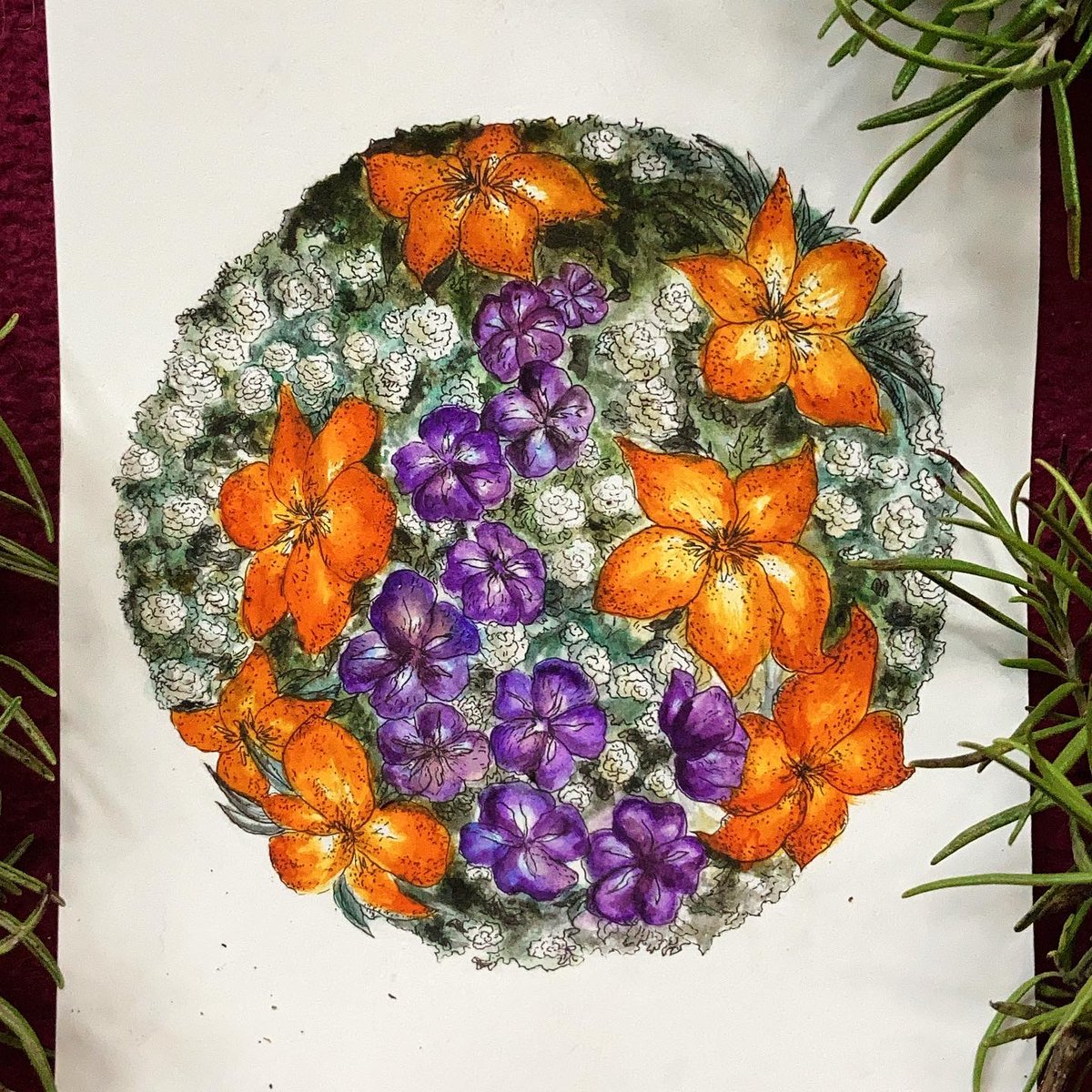 Inktober day 7 ~ fancy
Did a bouquet of October flowers in the most Halloween colours I could find. Alstroemerias, delphiniums and sneezewort.
-
<a href="/inktober/">Inktober</a> challenge.
Fine liner pen and watercolour illustration
-
#inktober #inktober2020 #illustration #autumn #spooky #flowers #fall