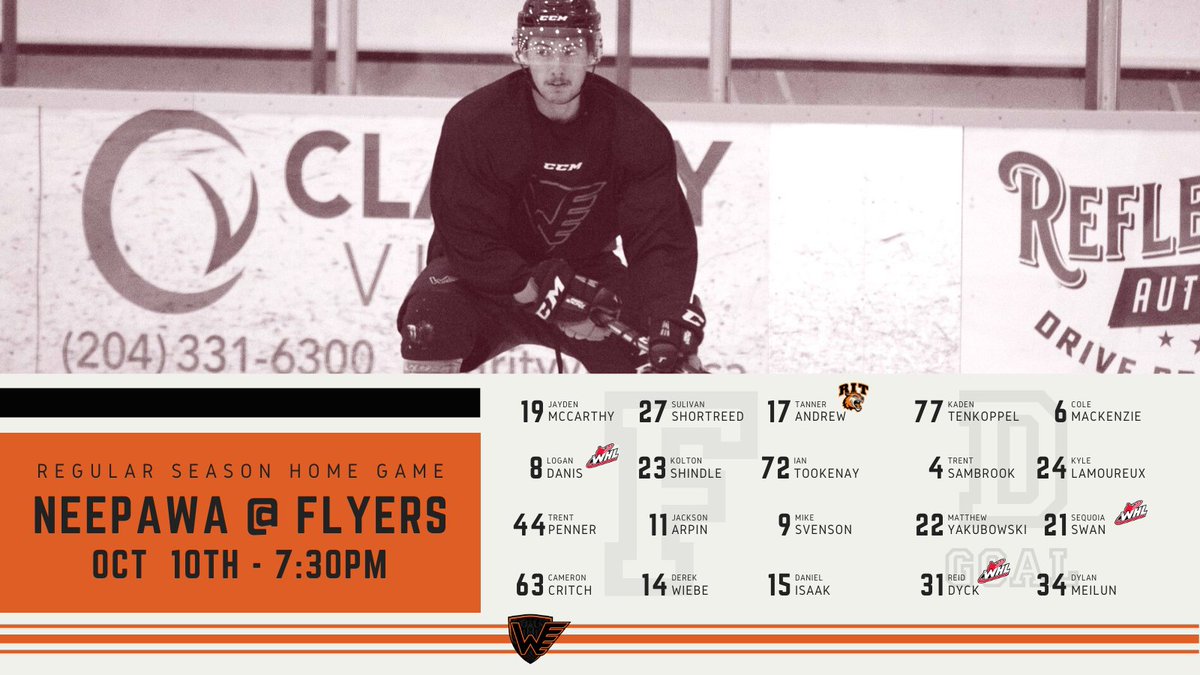 winklerflyers's tweet photo. LINE UP | Here is the projected line up for tonight's home game against Neepawa! 

#OrangeIsTheNewNormal #MJHL https://t.co/BaxCaE7nuc