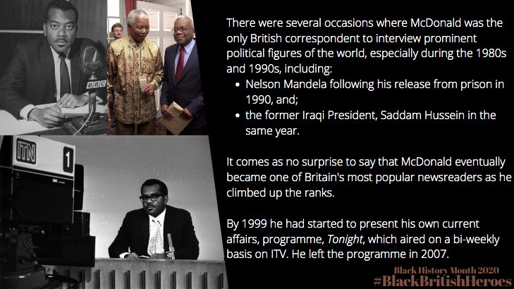 Our tenth Black British Hero of the thread/series: Sir Trevor McDonald OBE  #BlackHistoryMonthUK    #BHM    #BlackBritishHeroes 