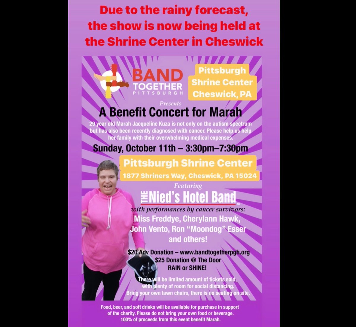 Cherylann Hawk (@cherylannhawk) on Twitter photo Tomorrow: #Benefit Concert for Marah at NEW VENUE due to rain... Pittsburgh Shrine Center (Cheswick)
<a href="/NiedsHotelBand/">The Nieds Hotel Band</a> <a href="/missfreddye17/">Miss Freddye</a>
<a href="/CherylannHawk/">Cherylann Hawk</a>
<a href="/JventoM/">John Vento Music</a>
<a href="/BandTogetherPGH/">Band Together</a> Tomorrow: #Benefit Concert for Marah at NEW VENUE due to rain... Pittsburgh Shrine Center (Cheswick)
<a href="/NiedsHotelBand/">The Nieds Hotel Band</a> <a href="/missfreddye17/">Miss Freddye</a>
<a href="/CherylannHawk/">Cherylann Hawk</a>
<a href="/JventoM/">John Vento Music</a>
<a href="/BandTogetherPGH/">Band Together</a>