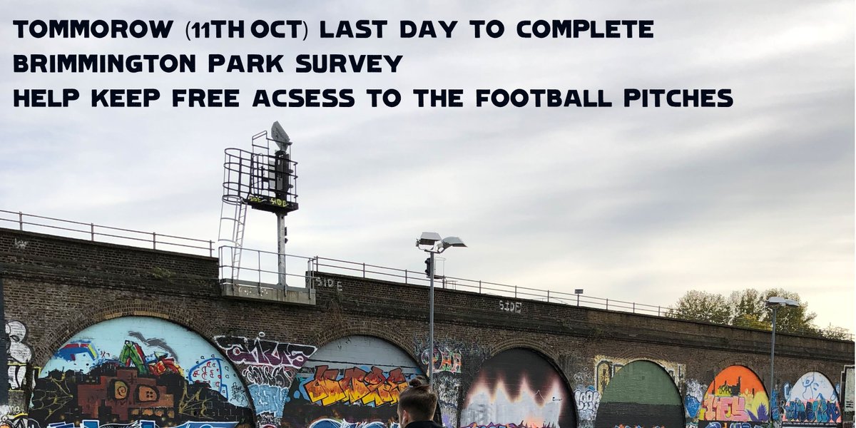 Tomorrow (Sunday 11 Oct) is last day to complete #Southwark's consultation on #Brimmington Park, #Peckham.

The plans would see the #football pitches become pay-to-play the vast majority of the time. Please take 5 mins to save this community asset.

consultations.southwark.gov.uk/environment-le…
