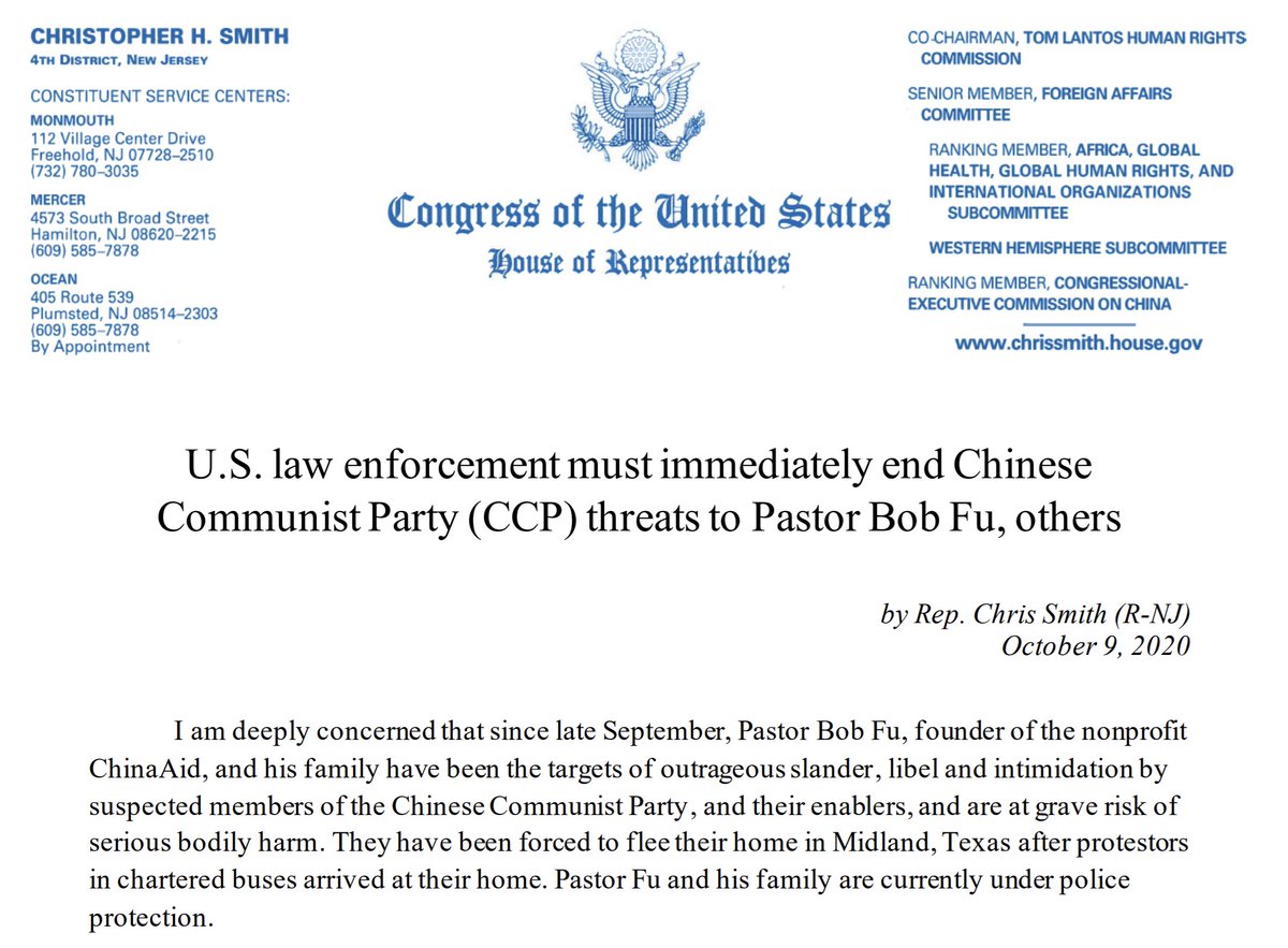 Washington, DC: Vice Chairman of the Foreign Affairs Committee of the US Congress/Former Chairman of the CECC of the Congress-Administrative China Affairs Committee, Congressman Chris Smith issued a statement in support of  @BobFu4China. https://chrissmith.house.gov/news/documentsingle.aspx?DocumentID=409013