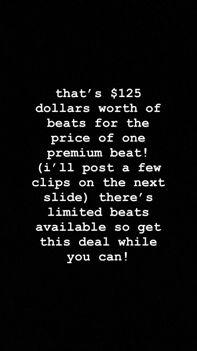 ATTENTION #RAPPERS: i’m currently having a sale on beats! Buy one premium beat ($50) and get TWO EXCLUSIVE bogo beats for free! you won’t be able to get these exclusive beats anywhere else, if you wanna hear some premium beats, DM me and i’ll getcha hooked up!
#rap #trap #beats