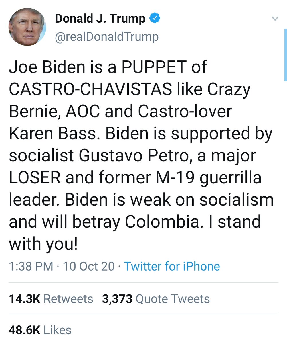 Santiago Tavera V. on Twitter: "Donald Trump se caracteriza por siempre  llamar las cosas por su nombre sin titubeos! Aquí otro ejemplo. URIBE HÉROE  y PETRO PERDEDOR! Las cosas como deben ser. #