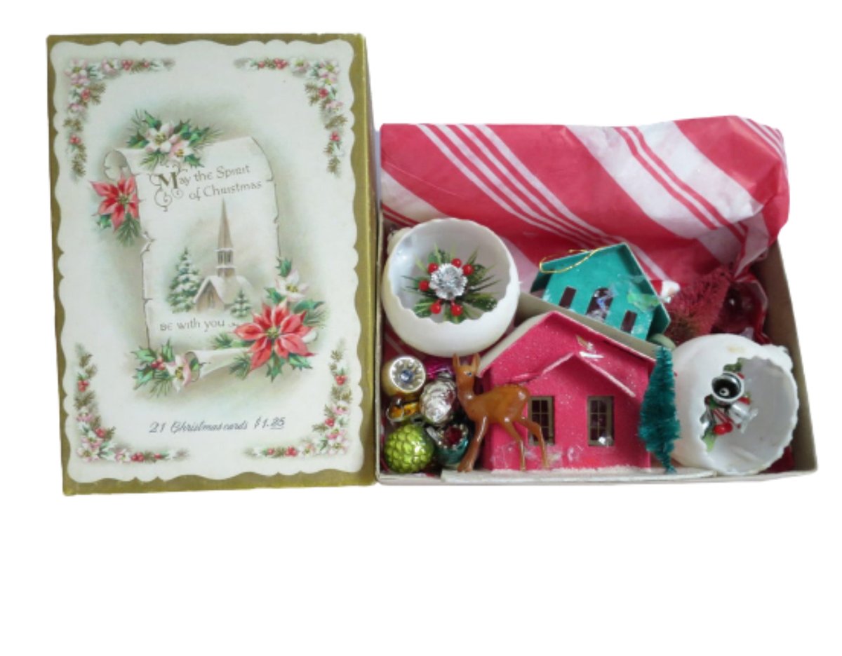 swirlingO11's tweet photo. DIY Holiday Craft Box, Micro Mini Mercury Glass Ornaments, Cardboard Village Kit, All Vintage Craft Pieces https://t.co/fhEwhChN70 #Vintage4Sale #TMTinsta #InstaGood #TinyCrafts https://t.co/Qof10U9nQb
