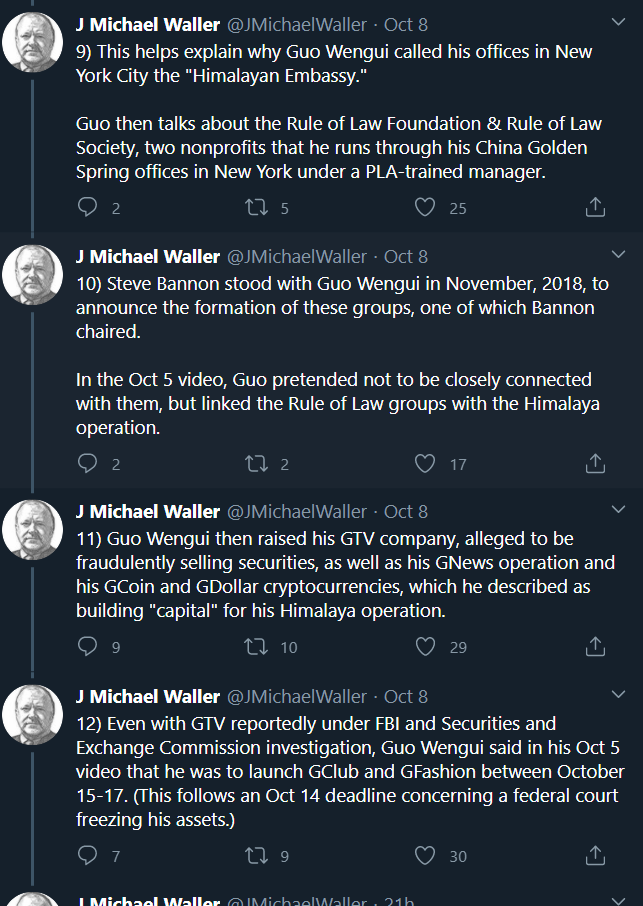 10/5/20The contents of the Monday video released by  #GuoWengui / Miles Guo are pretty shocking, apparently revealing "the command structure of his campaign to harass, terrorize, and "kill" his opponents worldwide." https://twitter.com/JMichaelWaller/status/1314307759437946885?s=20