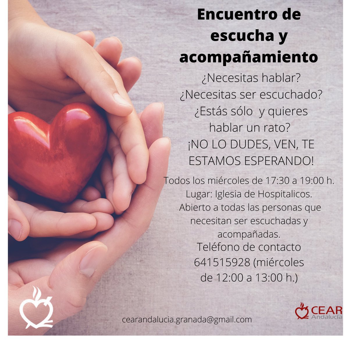 En estos momentos difíciles que vivimos, hay mucha gente sola, necesitada de hablar. Y ante esta realidad no podemos quedarnos con los brazos cruzados por ello estamos trabajando para ayudar a estas personas hemos creado un encuentro de escucha y acompañamiento.