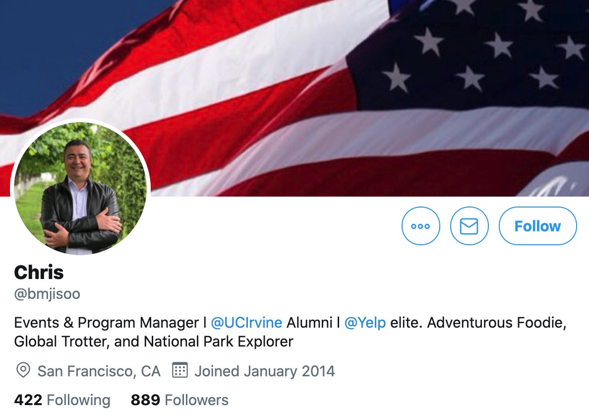 Meet  @bmjisoo, a self-described Events & Program Manager, Adventurous Foodie, Global Trotter, and National Park Explorer. Based on its flurry of recent pro-Trump and anti-Biden retweets, it would at first glance appear to be a  #MAGA account.cc:  @ZellaQuixote