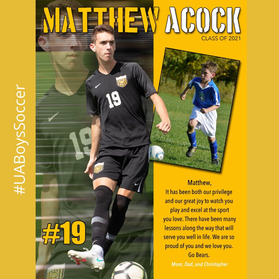 UABoysSoccer's tweet photo. Senior Night is this coming week! Let's continue celebrating our 15 Seniors. Tonight spotlight shines on Matthew Acock #19. Join us in celebrating MATTHEW!!
.
Go Bears! #UABoysSoccer #GoldenBearStrong #UABoys #UASoccer #UAHS #Seniors #Classof2021 https://t.co/TD1km0KxfE