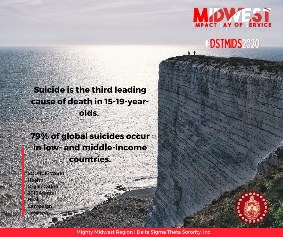 DSTDeltaPhi's tweet photo. Suicide is the 3rd leading cause of death between 15-19 yr olds. Do you know the signs?Letβs get our mental health in check to combat the statistics. Call the National Suicide Prevention Lifeline 1-800-273-8255 if you or someone you know is at risk #DSTMIDS2020 #DSTMIDWESTREGION https://t.co/B30wfIDqu5