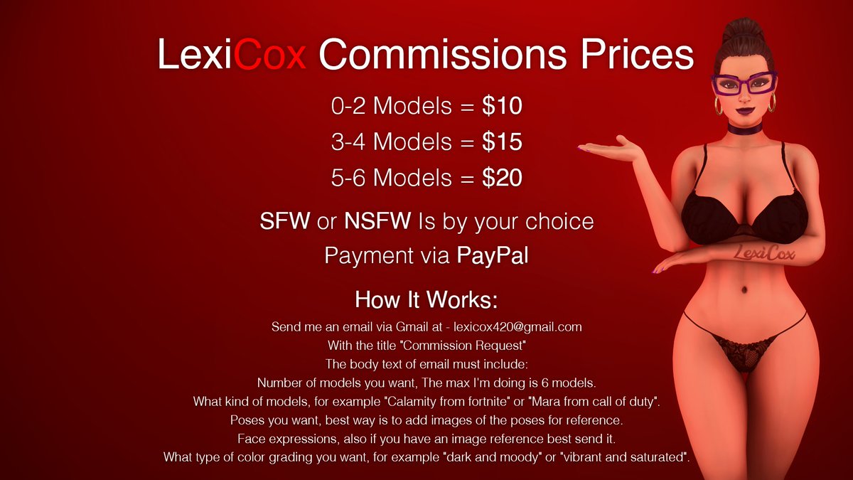 NaughtyGamerXXX's tweet photo. ★ Commissions are open ★

Note:
I'm starting a commission work only after payment.
PayPal email for payment will be sent after I review the commission request email and accept the work.

#LexiCox #Commissions #SFMCommissions #NSFW #SFW https://t.co/9Y0RW4ZcLn