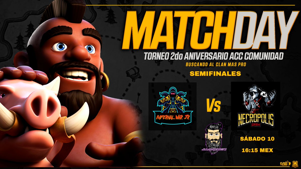 En minutos inician nuestras semifinales, seguimos buscando al clan más PRO 🕵🏻‍♂️🔎 de ACC.

Se enfrentan las brujitas de la mano de Thiare y el clanazo de nuestra ROMY. 

INFERNAL WAR JR 🆚 NECRÓPOLIS CREW

Transmite nuestro <a href="/juancalderonbta/">unJuanenproceso</a> sólo sorpresas para hoy, los esperamos.