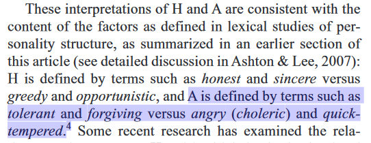 Agreeability (A), on the other hand, is associated with reactive cooperation, which is the tendency to tolerate (high-A) or punish, even when it's costly to do so (low-A). And because the traits H-H and A are independent, one can be both high-H-H and low-A.19