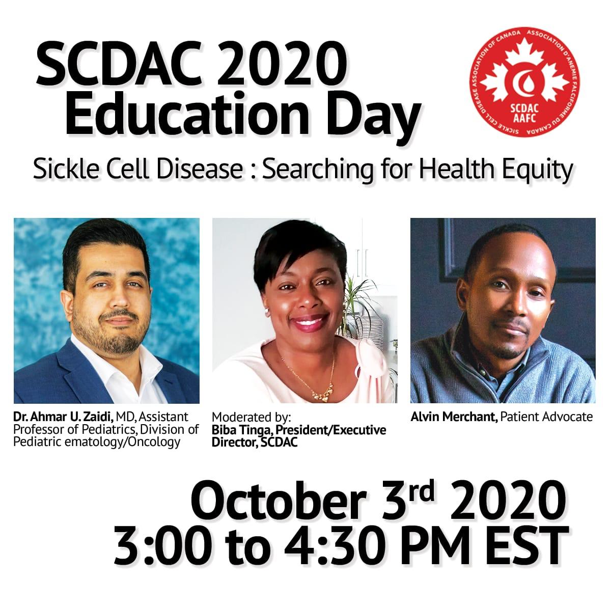 Biba Tinga (@biba_tinga) on Twitter photo Tune in at 3:00 PM EST for a conversation on HEALTH EQUITY featuring Dr. Ahmar U. Zaidi and Alvin Merchant as they discuss creating real equity for SCD patients  in Canada and around the world. Moderated by SCDAC President Biba Tinga
Webinar ID: 856 2752 3136
Passcode: 905793 Tune in at 3:00 PM EST for a conversation on HEALTH EQUITY featuring Dr. Ahmar U. Zaidi and Alvin Merchant as they discuss creating real equity for SCD patients  in Canada and around the world. Moderated by SCDAC President Biba Tinga
Webinar ID: 856 2752 3136
Passcode: 905793