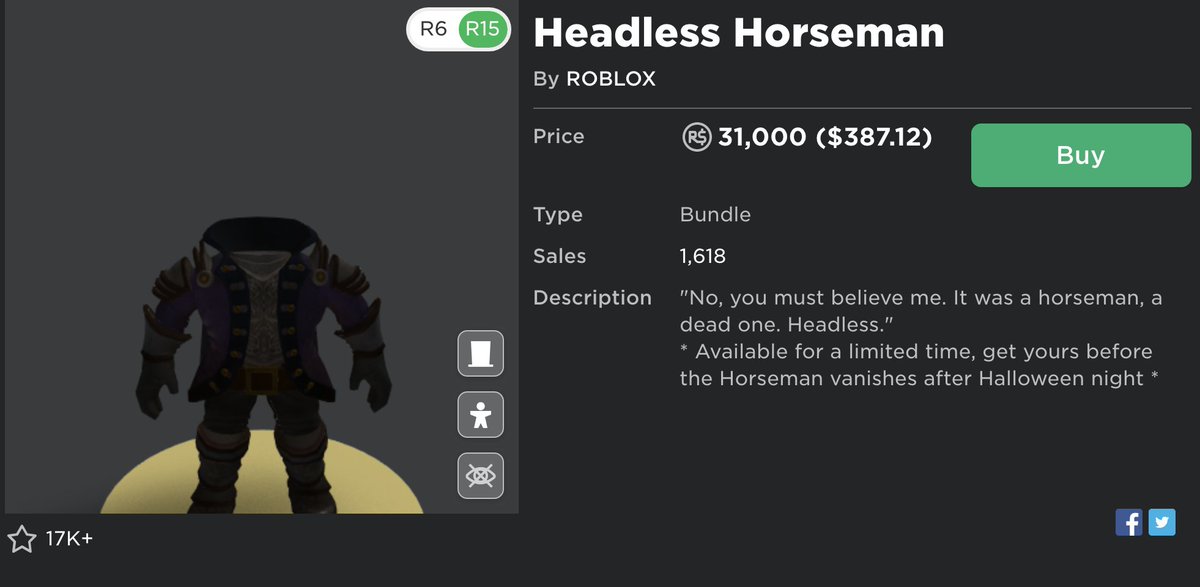 Buying Headless Horseman On Roblox Spent 31 000 Robux Youtube