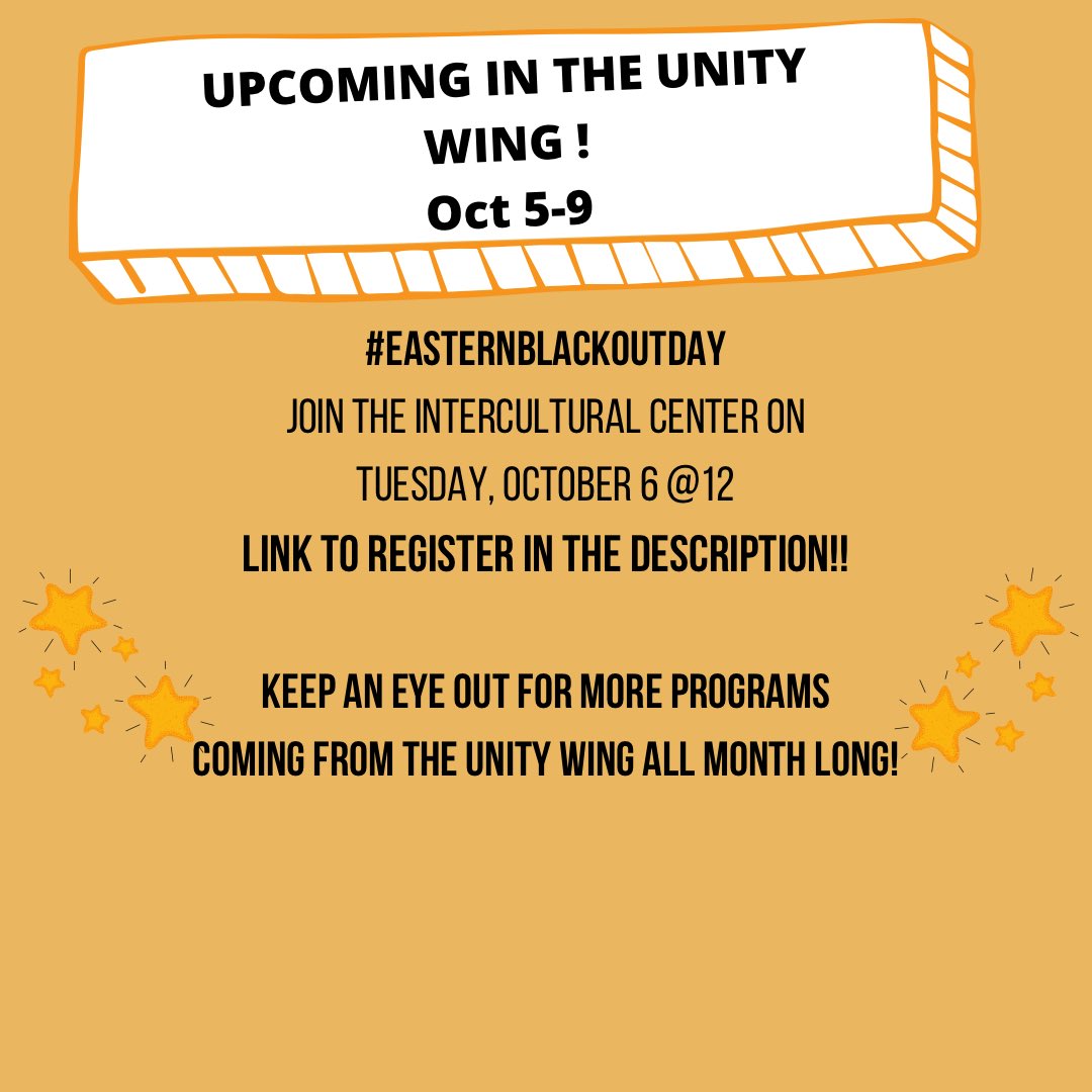 Eastern_IC's tweet photo. Next week on Tuesday October 6 @12 join the Intercultural Center for #EasternBlackOut day! 

Be apart of an open panel discussion with Black alumni focusing on their former experiences as students and their post- grad life. 

Register here: https://t.co/rlrVQlNobS https://t.co/R1cu1ner6C
